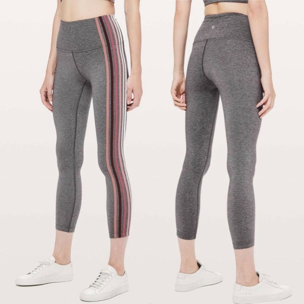 Lulu Lemon Gray Purple, Pink, & White Striped Leggings